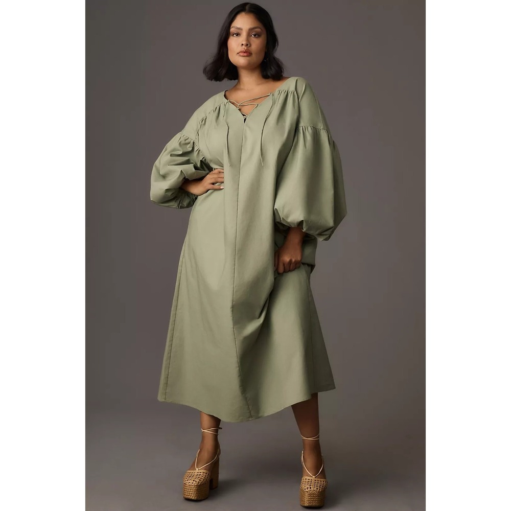 Mare Mare Oversized Bubble Sleeve Lace Up Midi Dress Khaki Green Antropologie XL